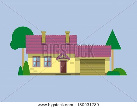 The house in style flat with trees