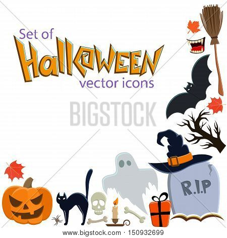 Corner frame of Halloween icons isolated on white background. Vector stock illustration.