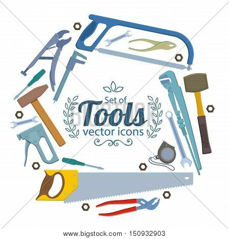 Round frame with repair tools icons. Template for packaging cards posters menu. Vector stock illustration.