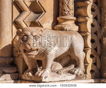 Sculpture On The Facade Of The Church Of Jak Is A Functioning Catholic Chapel In Budapest