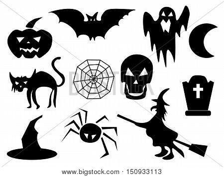Halloween black silhouettes. Happy halloween  night icons, bat and cat, hat and spider