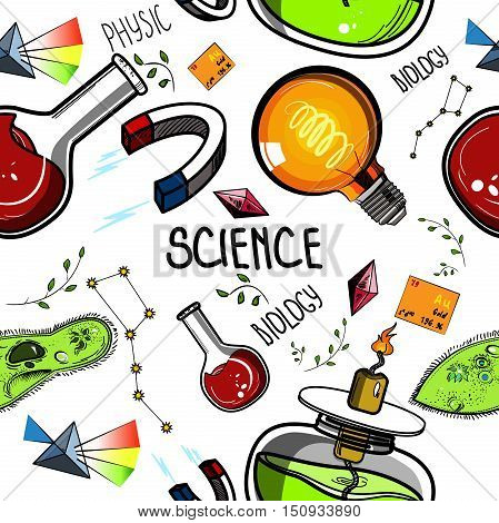 Colored Hand drawn science pattern. Sketch elements. Laboratory instruments and chemical formula