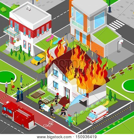 Firefighters Extinguish a Fire in House Isometric City. Fireman Helps Injured Woman. Vector 3d Flat illustration