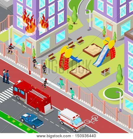 Firefighters Extinguish a Fire in House Isometric City. Fireman Helps Injured Woman. Vector 3d Flat illustration