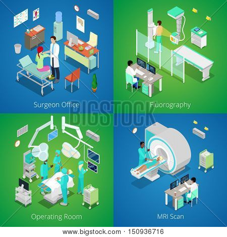 Isometric Hospital Interior. Medical MRI Scan, Operating Room with Doctors, Fluorography Process, Surgeon Office. Vector 3d flat illustration
