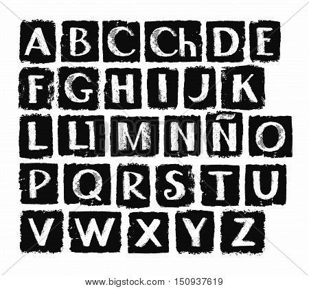 Spanish alphabet, in capital white letters on a black background. Vector, white letters on black rectangles. The texture of chalk on the black soot, simulation.