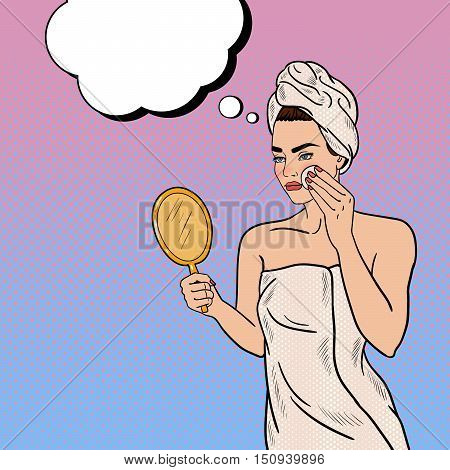 Pop Art Beautiful Woman Removing Makeup from her Face in Bathroom. Vector illustration