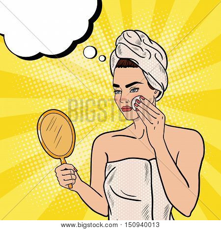 Pop Art Beautiful Woman Removing Makeup from her Face in Bathroom. Vector illustration
