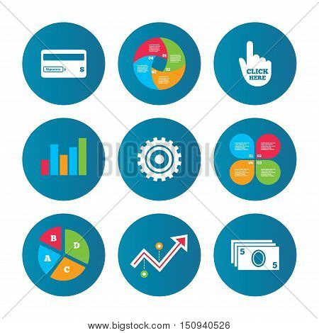 Business pie chart. Growth curve. Presentation buttons. ATM cash machine withdrawal icons. Insert bank card, click here and check PIN, processing and get cash symbols. Data analysis. Vector