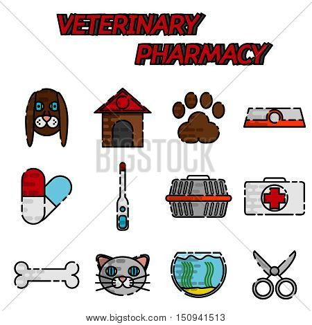 Veterinary pharmacy flat icons set with pills and herbs mortar abstract isolated vector illustration