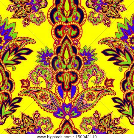 Flourish tiled pattern. Floral retro background. Branch with fantastic flowers leaves and berries. Wonderland motives of the paintings of ancient Indian fabric patterns.