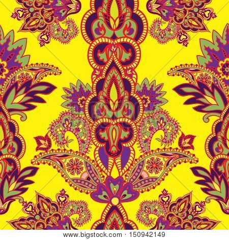 Flourish tiled pattern. Floral retro background. Curved tree branch with fantastic flowers leaves and berries. Wonderland motives of the paintings of ancient Indian fabric patterns.