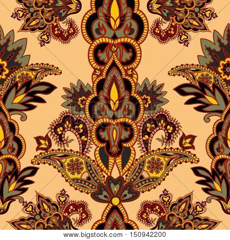 Flourish tiled pattern. Floral retro background. Branch with fantastic flowers leaves and berries. Wonderland motives of the paintings of ancient Indian fabric patterns.