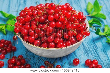 Ripe red currant berries in white bowl redcurrants on blue wooden table sprigs of mint red currant on branches