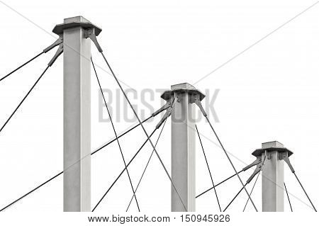 Tied Suspension Roof Cables Three Tall Grey Isolated Masts Cable-suspended Swooping Rooftop Pylon Anchors Pale Blue Summer Sky Large Detailed Horizontal Closeup Contemporary Construction Concept