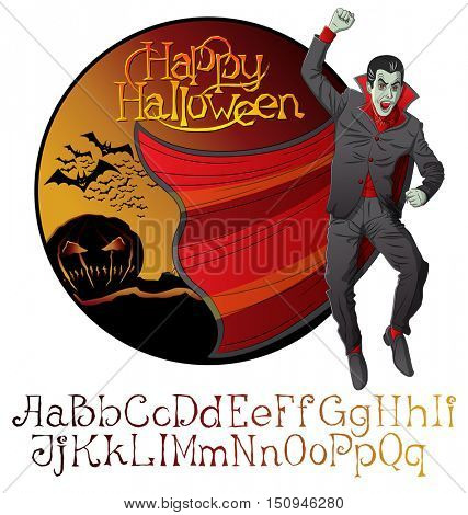 Cartoon Dracula vector. Halloween font set. Vampire Dracula Halloween. Halloween background