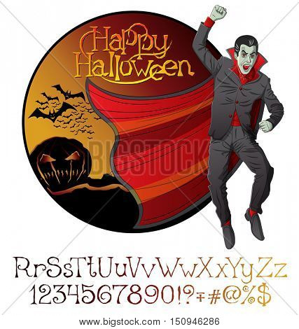 Cartoon Dracula vector. Halloween font set. Vampire Dracula Halloween. Halloween background