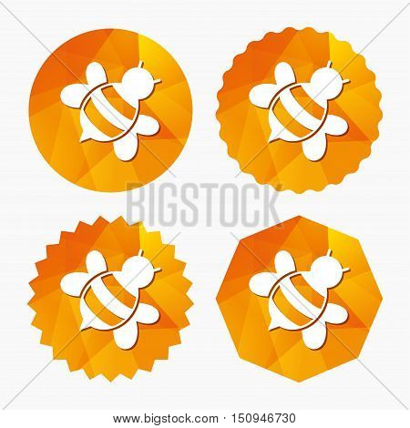 Bee sign icon. Honeybee or apis with wings symbol. Flying insect diagonal. Triangular low poly buttons with flat icon. Vector