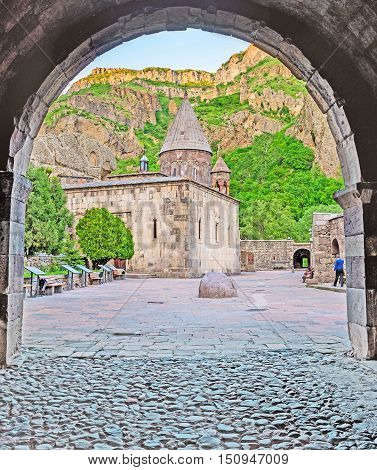 The arched entrance to the medieval monastic complex of Geghardavank (Geghard) famous for the ancient cave and named aftter the Holy Spear Kotayk Province Armenia.