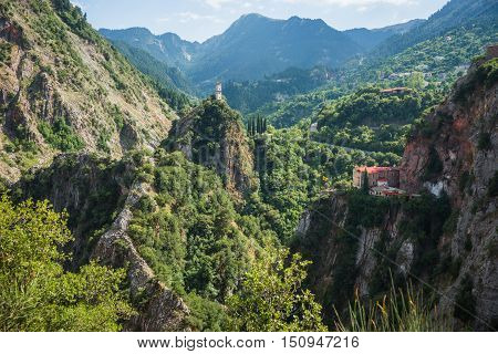 Scenic mountain landscape with monastery in Prusos in Evritania Greece