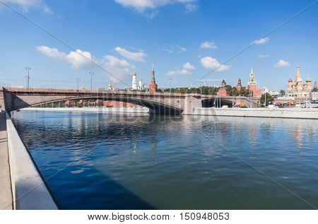 Bolshoy Moskvoretsky Bridge Kremlin and St. Basil's Cathedral view from Raushskaya embankment