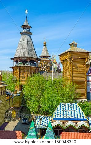 The scenic timbered towers and Church of St Nicholas in Izmailovsky Kremlin the cultural center built in style of medieval Russian architecture Moscow Russia.