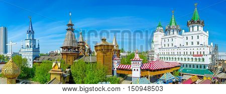 MOSCOW RUSSIA - MAY 10 2015: The view from the roof of Izmailovsky Market on the timbered towers palaces and covered galleries of Izmailovsky Kremlin on May 10 in Moscow.