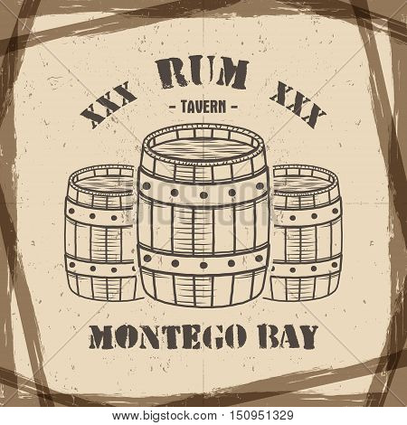 Vintage handcrafted poster template with old barrels and vector sign - rum, montego bay. Sketching filled style. Retro design for banner, flyer. Isolated on old paper background. Vector.