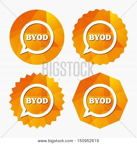 BYOD sign icon. Bring your own device symbol. Speech bubble sign. Triangular low poly buttons with flat icon. Vector