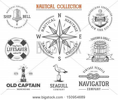 Vintage nautical stamps set. Old ship retro style. Sailing labels, emblems illustration. Nautical graphic symbols - rope, wind rose, anchor. nautical sketch design. Adventure lifestyle.