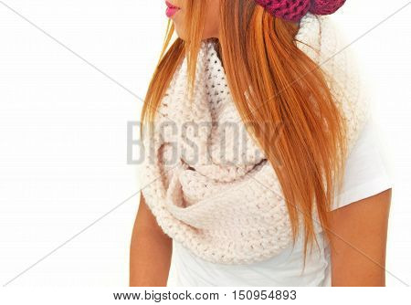 greek model advertises crochet scarf and beanie