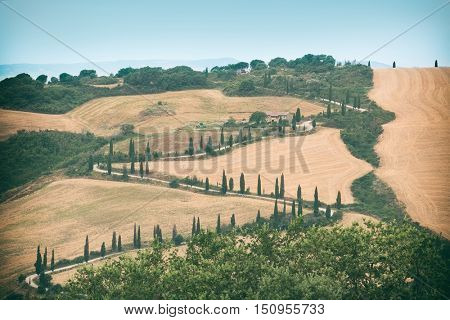 Winding Tuscan road. Montecchiello, Italy
