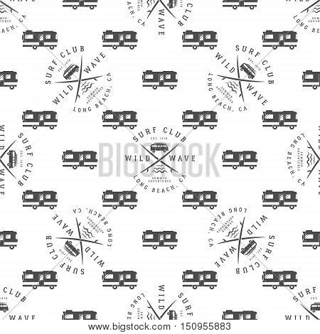 Surfing Seamless pattern with surfing van. Surfer club badge. Summer wallpaper printing design with adventure symbols - combi, rv trailer. Monochrome design. Use for print or web projects.