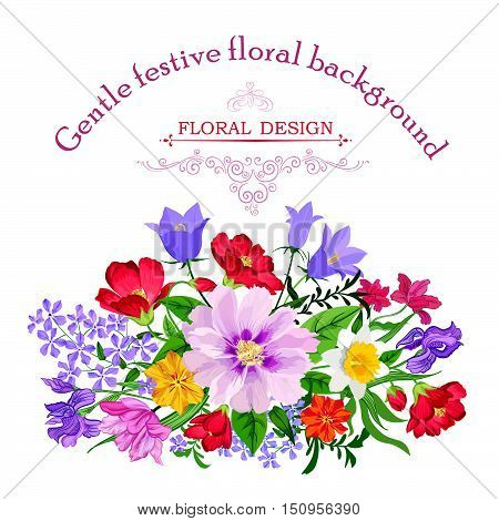 Floral frame with summer flowers. Floral bouquet with rose, narcissus, carnation, lilac and wildflower. Vintage Greeting Card with flowers. Watercolor flourish border. Floral background.
