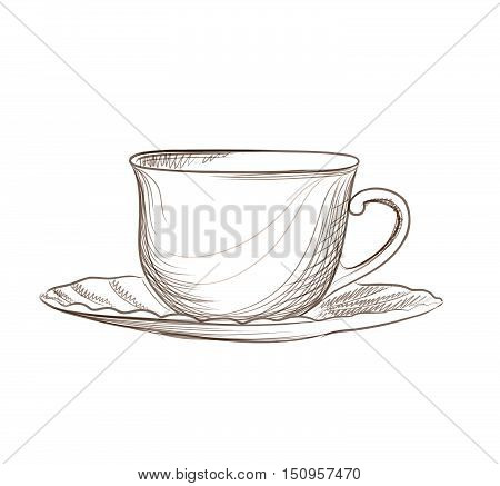 Classical tea cup with saucer sketching isolated. Hand drawn engraving vector illustration