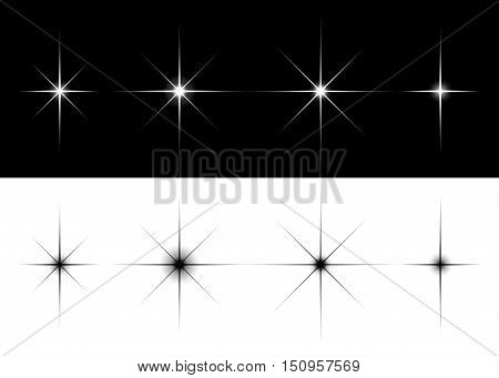 Set of sparkle lights stars. Flares or stars with rays, explosion, fireworks. Isolated vector illustration