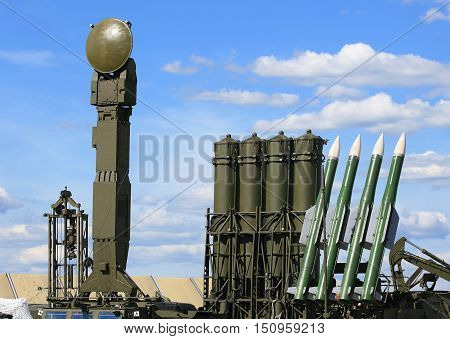 Containers with missiles and radar antenna of the air defense system
