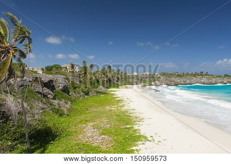 Harrismith Beach is one of the most beautiful beaches on the Caribbean island of Barbados. It is a tropical paradise with palms hanging over turquoise sea and a ruin of an old mansion on the cliff