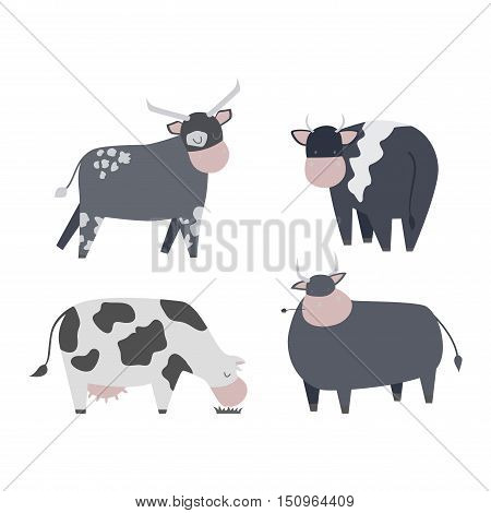 Milk cow bull with calf bull buffalo. Different cow dairy farm beef, nature domestic farm animal. Cartoon cow action , with cute lovely heifer vector.