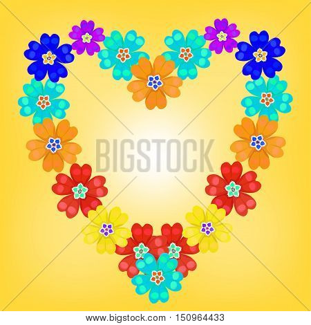 Background Spring Primroses Primula Flowers Blue Heart Glow. Vector Illustration