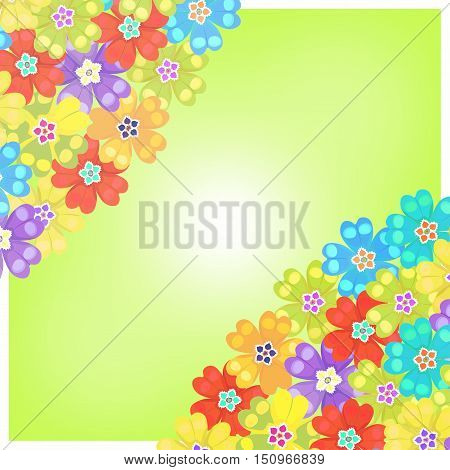 Card Of Spring Polyanthus Primula Flowers Green. Vector Illustration