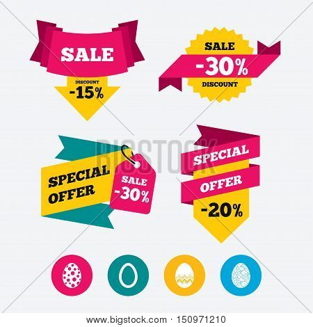 Easter eggs icons. Circles and floral patterns symbols. Tradition Pasch signs. Web stickers, banners and labels. Sale discount tags. Special offer signs. Vector