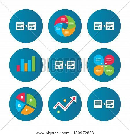 Business pie chart. Growth curve. Presentation buttons. Export file icons. Convert DOC to PDF, XML to PDF symbols. XLS to PDF with arrow sign. Data analysis. Vector