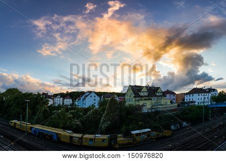 Zuffenhausen Germany Stuttgart Burning Sky Sunset Residential Area Train Station Outdoors Travel