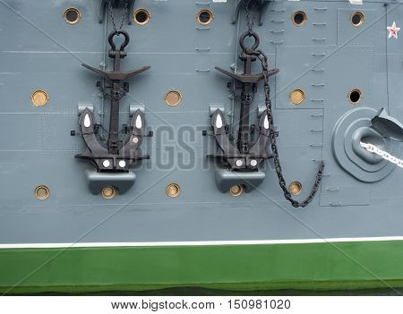 cruiser Aurora moored at the embankment of Nevka rive