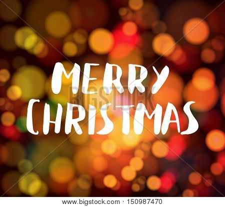 Magical background with night bokeh for holiday with handwritten Merry Christmas