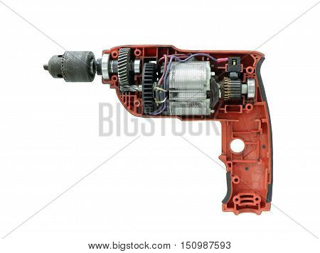 Damaged Drilling Machine Uncover isolated on white background with clipping path