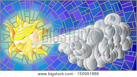 Stained glass illustration with fairy sun blowing a cloud against the sky