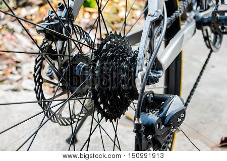 Bicycle's detail view of rear wheel with chain & sprocket