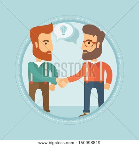 Two smiling caucasian hipster businessmen with the beards shaking their hands to launch a new venture based on a brilliant idea. Vector flat design illustration in the circle isolated on background.